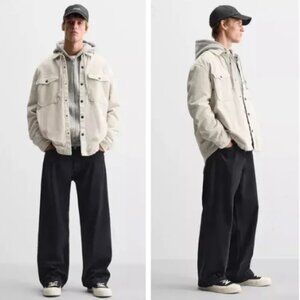 Zara Cream Beige Corduroy Shirt Jacket Relaxed Fit Snap Front Size XL